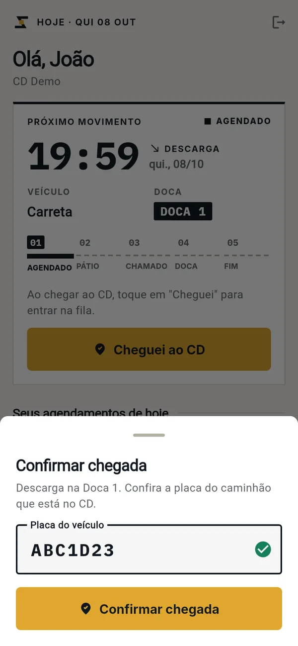 Confirmação de chegada com a placa